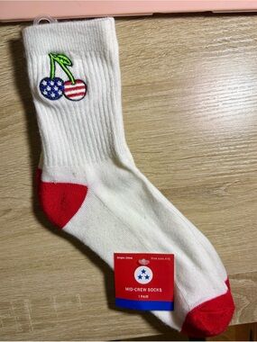Target White Mid-Crew Socks with Red Accents and Patriotic Cherry Patch